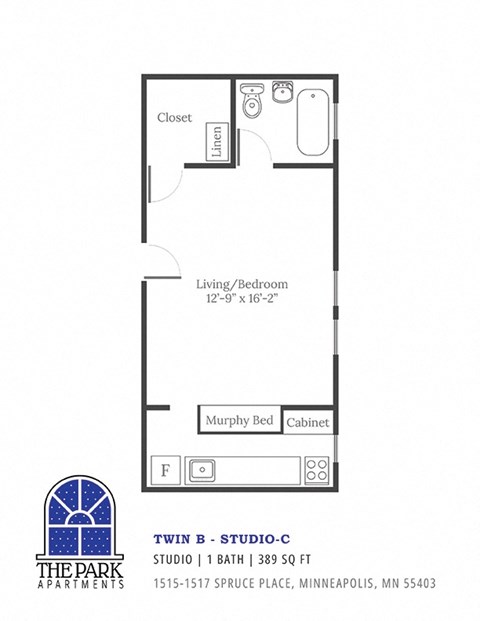Floor plan for studio, 1 bath, 389 sqft
